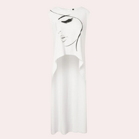 Weißes ärmelloses Kleid mit Gesichtsgrafik, Damenmode, Baumwolle, Sommerkleidung.