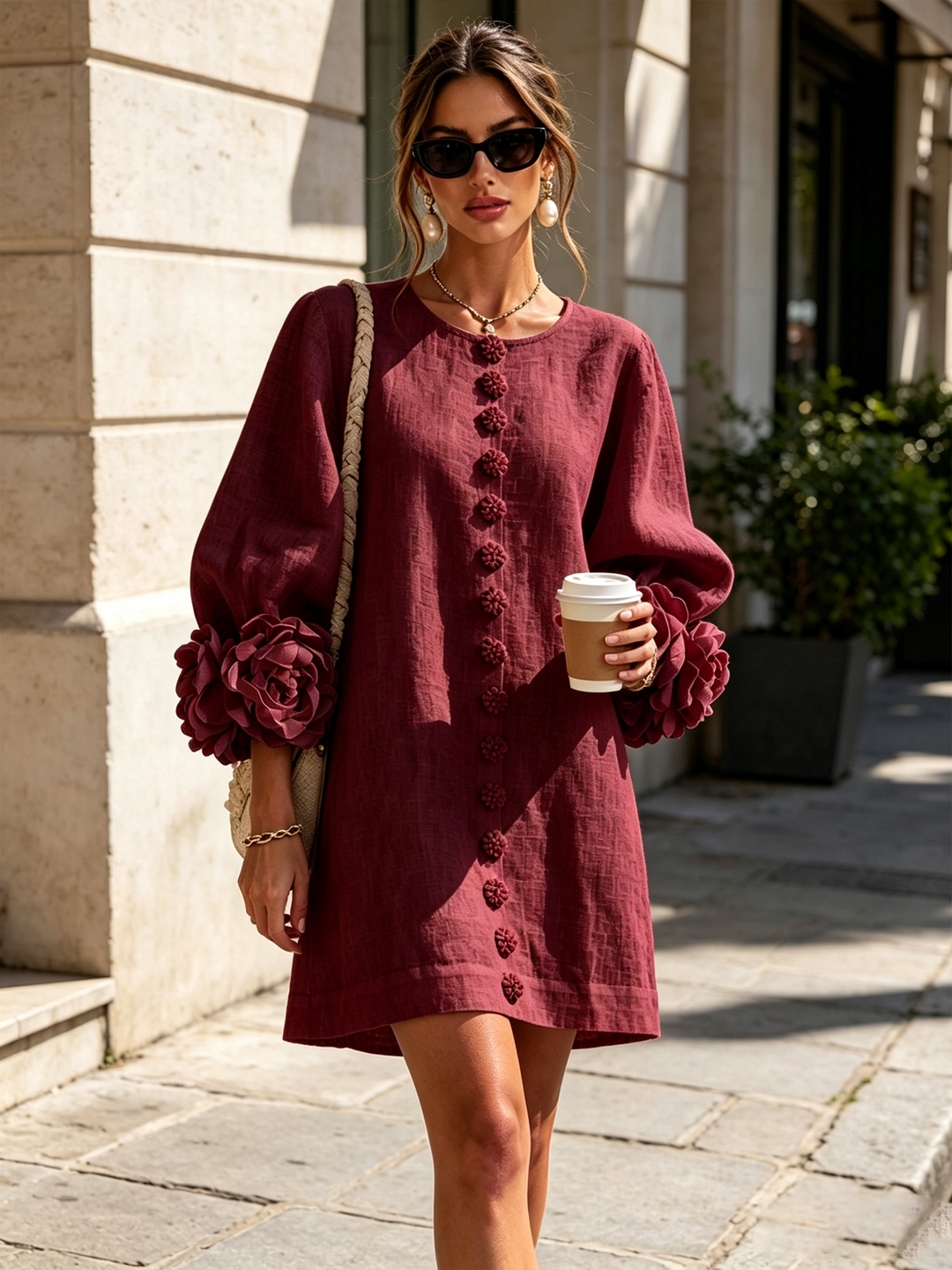 Elegant A-Line Dress with Volume Sleeves and Floral Buttons 38