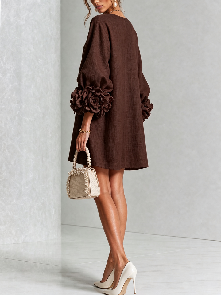 Women's Linen Puff Long Sleeve Tunic Mini Shift Dress 29