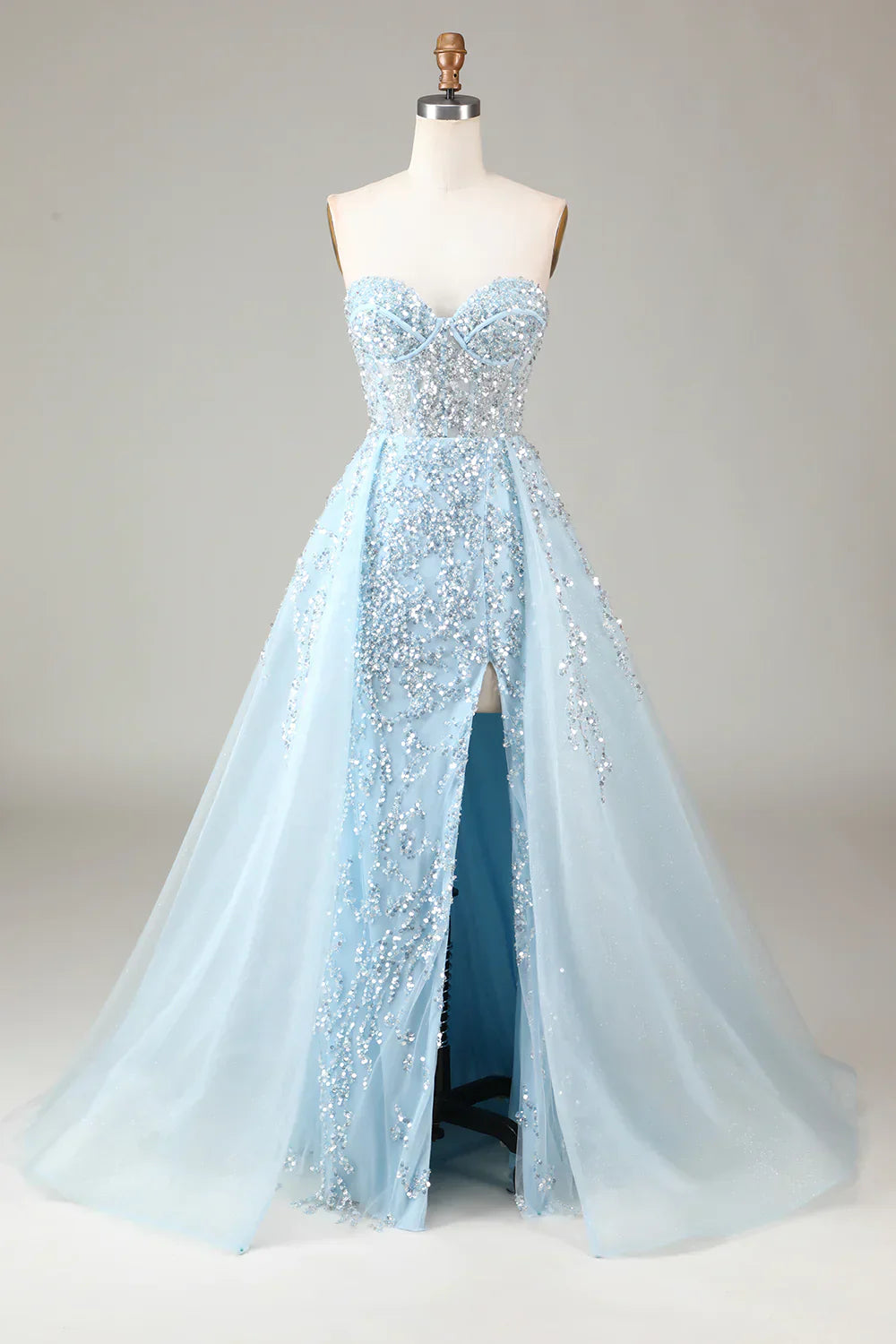 Sparkling Light Blue A-Line Corset Ball Gown with Slit - Sophia