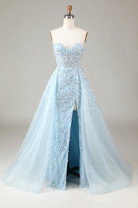 Sparkling Light Blue A-Line Corset Ball Gown with Slit - Sophia