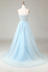 Sparkling Light Blue A-Line Corset Ball Gown with Slit - Sophia