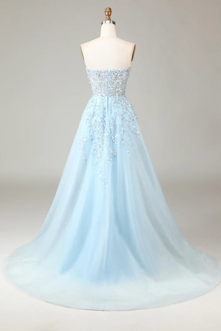 Sparkling Light Blue A-Line Corset Ball Gown with Slit - Sophia