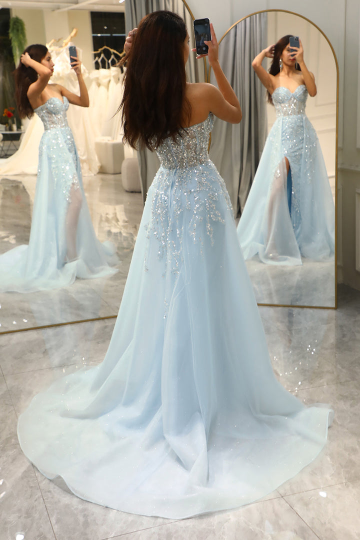 Sparkling Light Blue A-Line Corset Ball Gown with Slit - Sophia