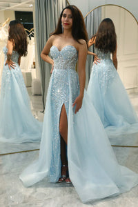 Sparkling Light Blue A-Line Corset Ball Gown with Slit - Sophia