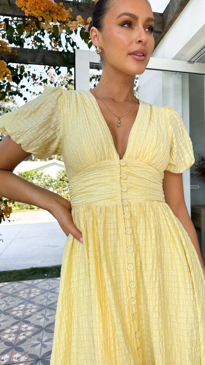 Boho maxi dress with V-neckline and button placket – Yara