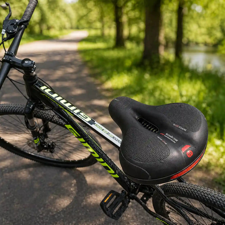 Sattel an einem Mountainbike auf einem Waldweg, mit roter Reflektorleiste am Heck und schwarzer Oberfläche. 9