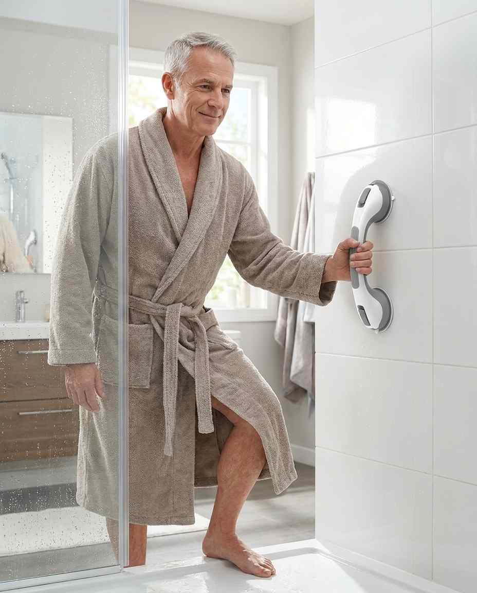 Mann im Bademantel hält sich beim Verlassen der Dusche am senkrecht an der weißen Fliesenwand montierten Sauggriff fest. 15