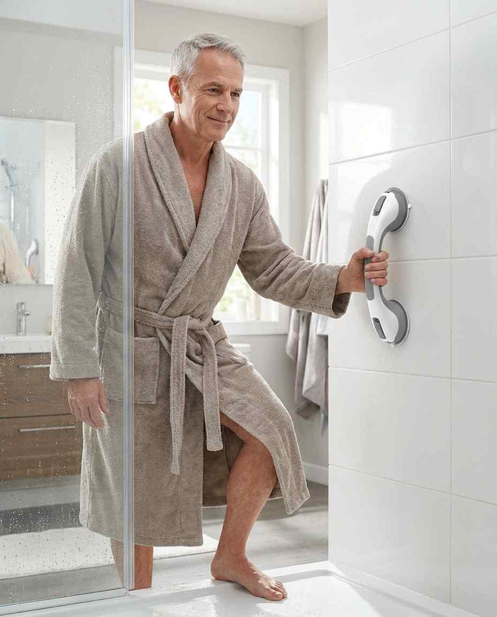 Mann im Bademantel hält sich beim Verlassen der Dusche am senkrecht an der weißen Fliesenwand montierten Sauggriff fest. 15