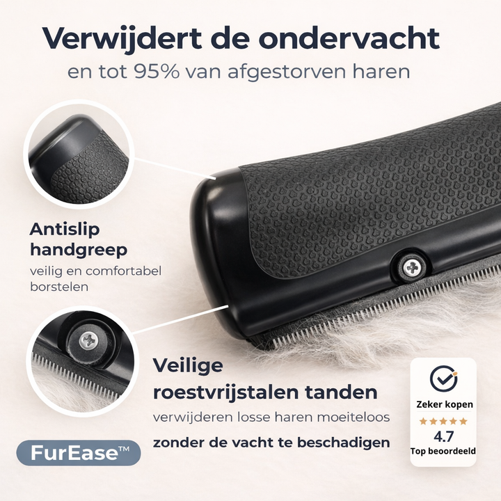 Detailgrafik der Bürste auf hellem Fell mit Ausschnitten zu rutschfestem Griff und Edelstahlzähnen sowie einem Bewertungssiegel. 6