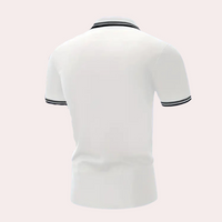 Weißes Polohemd mit schwarzen Streifen, Kurzarm, Herrenmode, Baumwolle, Rückansicht.