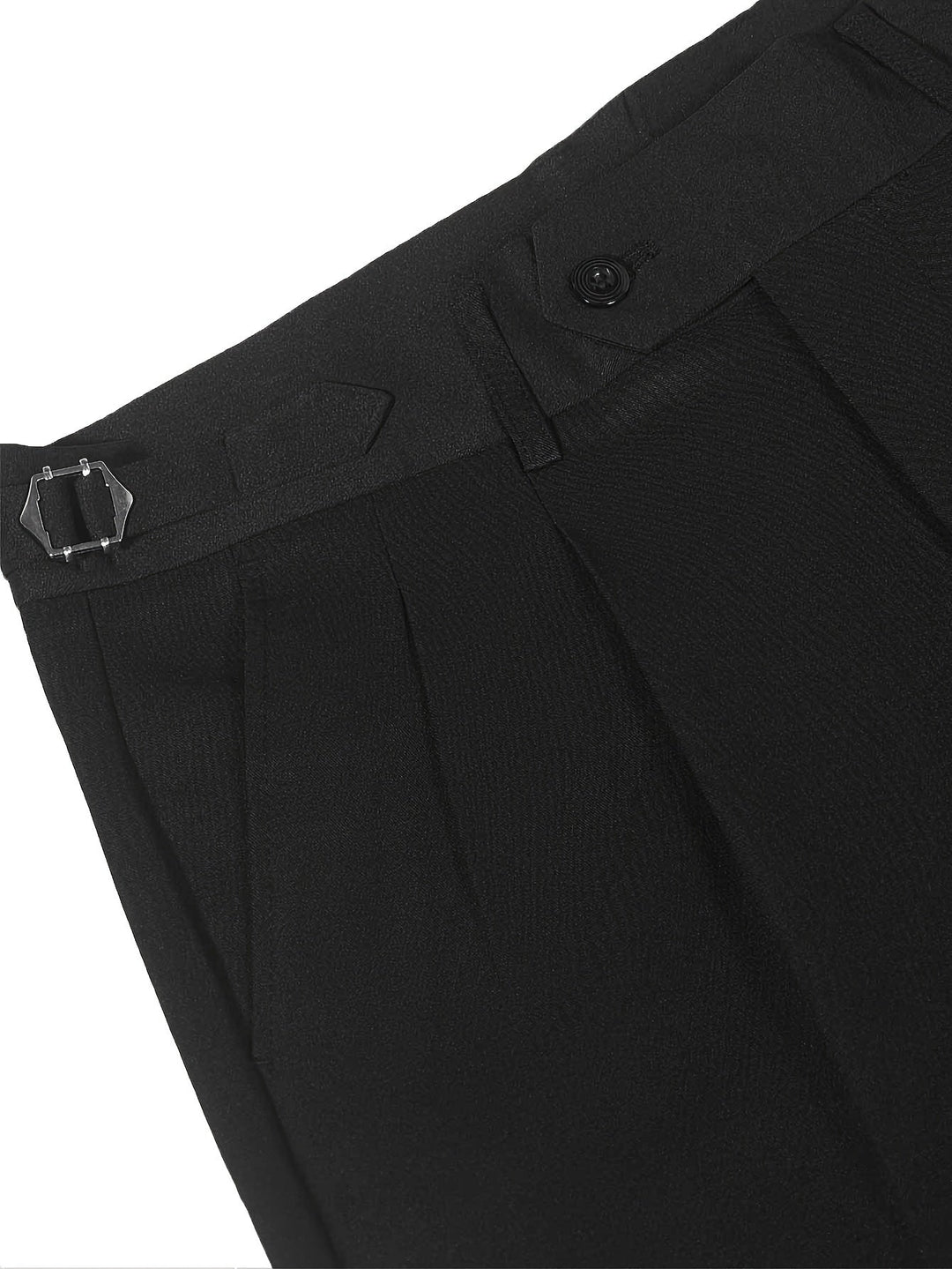 Schwarze Herrenanzughose mit Bundfalten, verstellbarem Verschluss, elegantes Design.