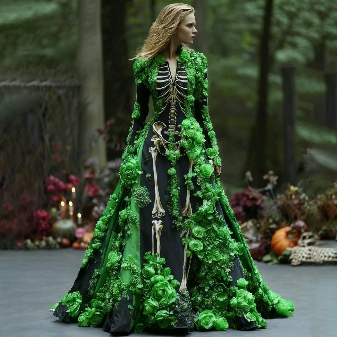 Model trägt das schwarze Skelettkleid mit langen Ärmeln, verziert mit grünen Rosen und Blättern, vor herbstlicher Waldkulisse. 4