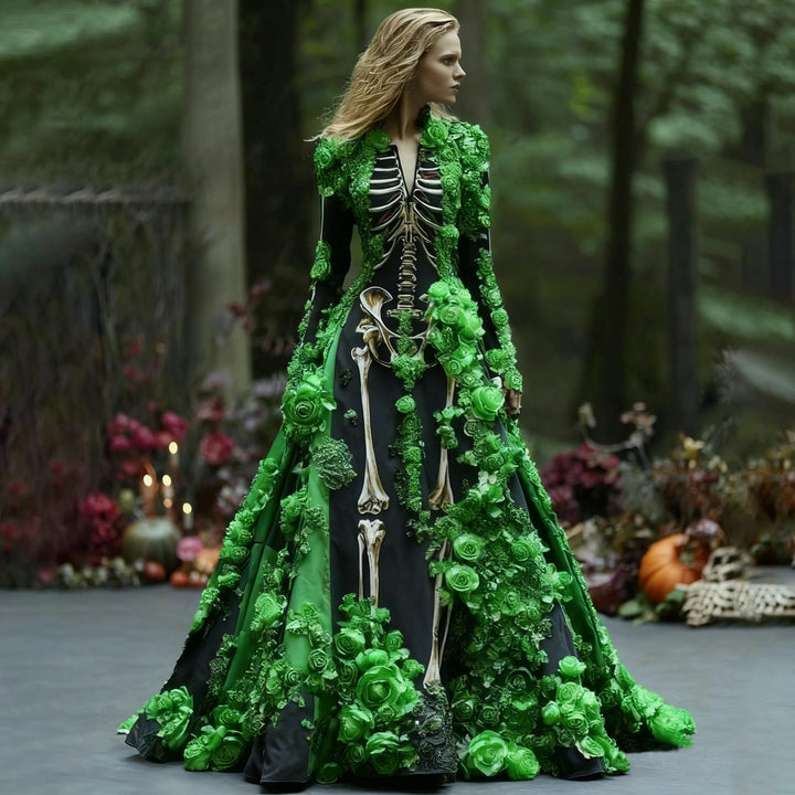 Model trägt das schwarze Skelettkleid mit langen Ärmeln, verziert mit grünen Rosen und Blättern, vor herbstlicher Waldkulisse. 4