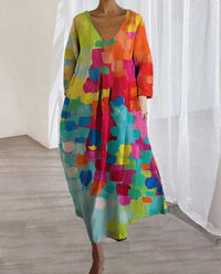 Colorful Printed Dress with V-Neck - Kim