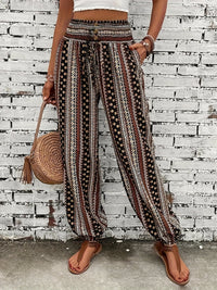 Boho High-Waist Women's Pants with Print & Smocked Waist – Linara