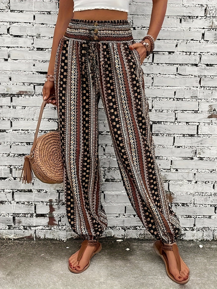 Boho High-Waist Women's Pants with Print & Smocked Waist – Linara