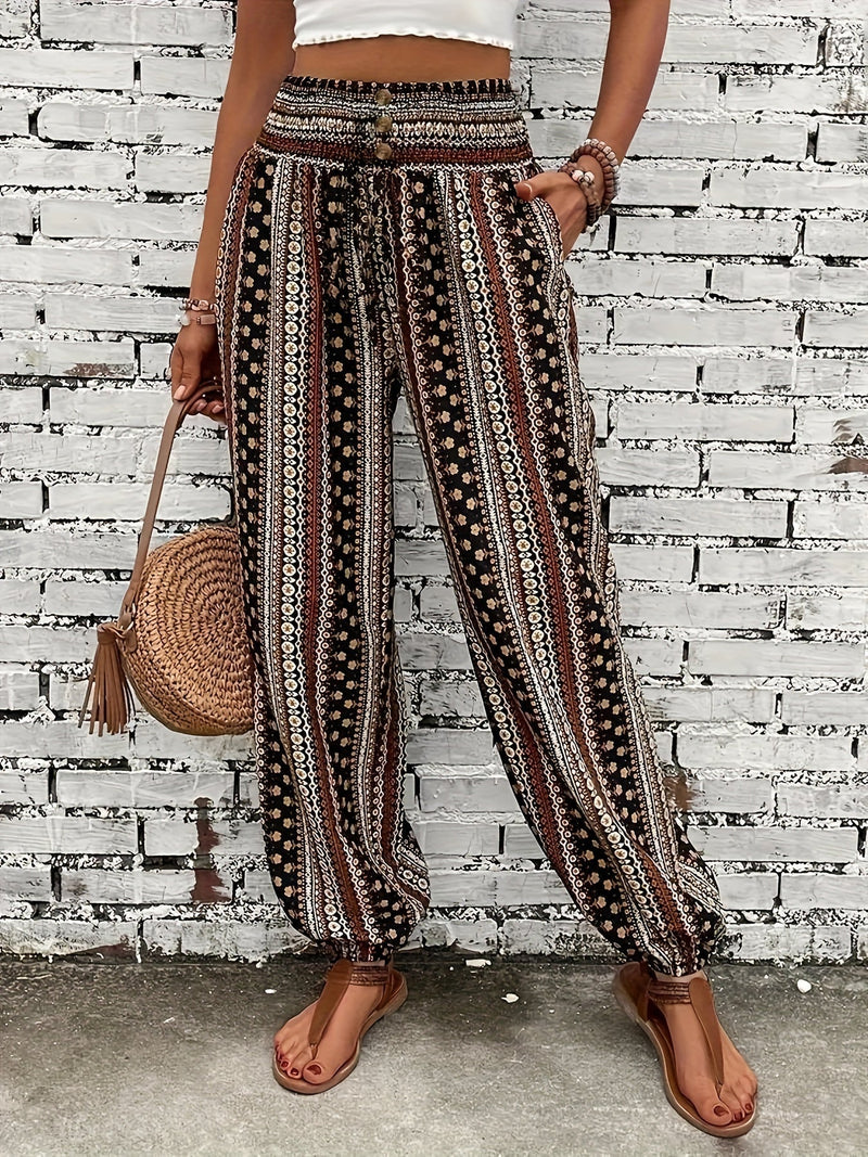 Boho High-Waist Women's Pants with Print & Smocked Waist – Linara