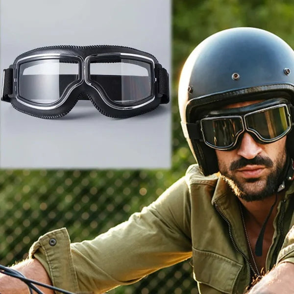 Collage: links die Brille mit klaren Gläsern freigestellt, rechts ein bärtiger Mann mit Helm und Brille in olivgrüner Jacke. 4