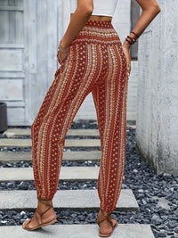 Boho High-Waist Women's Pants with Print & Smocked Waist – Linara