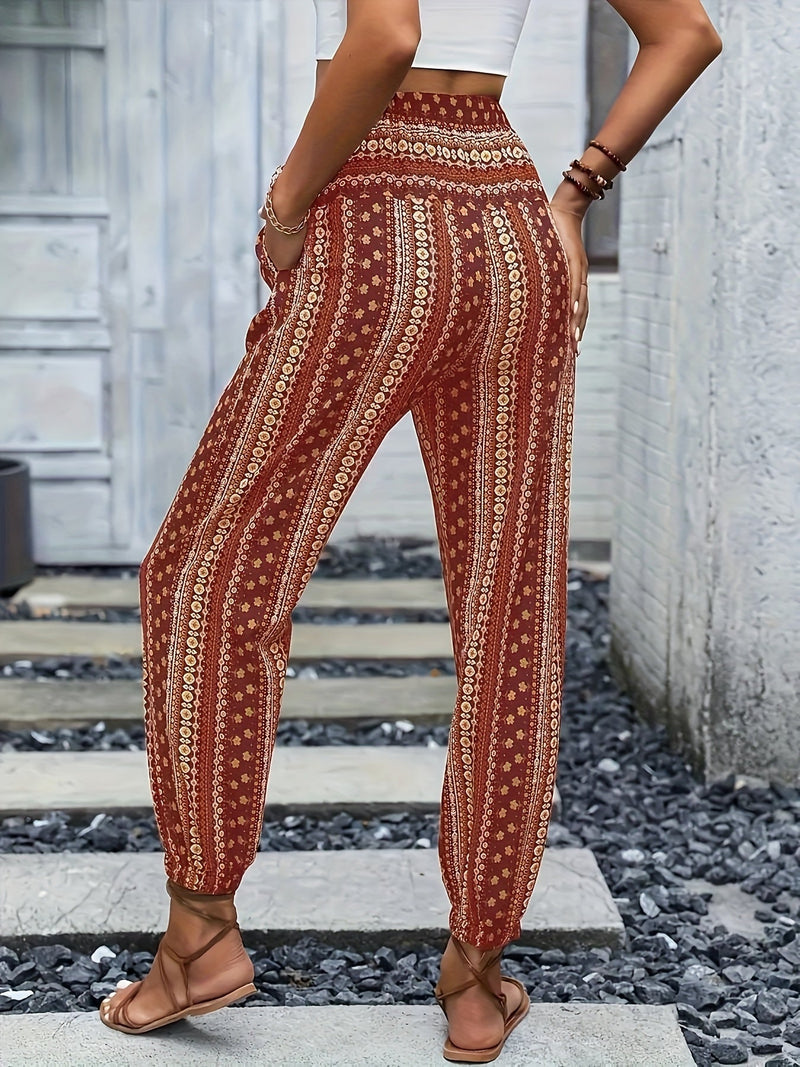 Boho High-Waist Women's Pants with Print & Smocked Waist – Linara