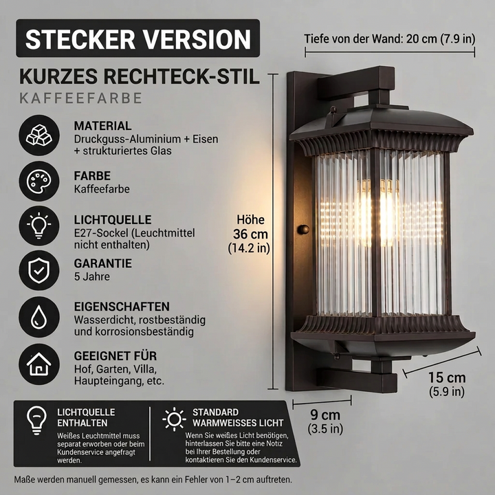 Værbestandig utendørs vegglampe med riflet glass og metallramme (fastkablet)