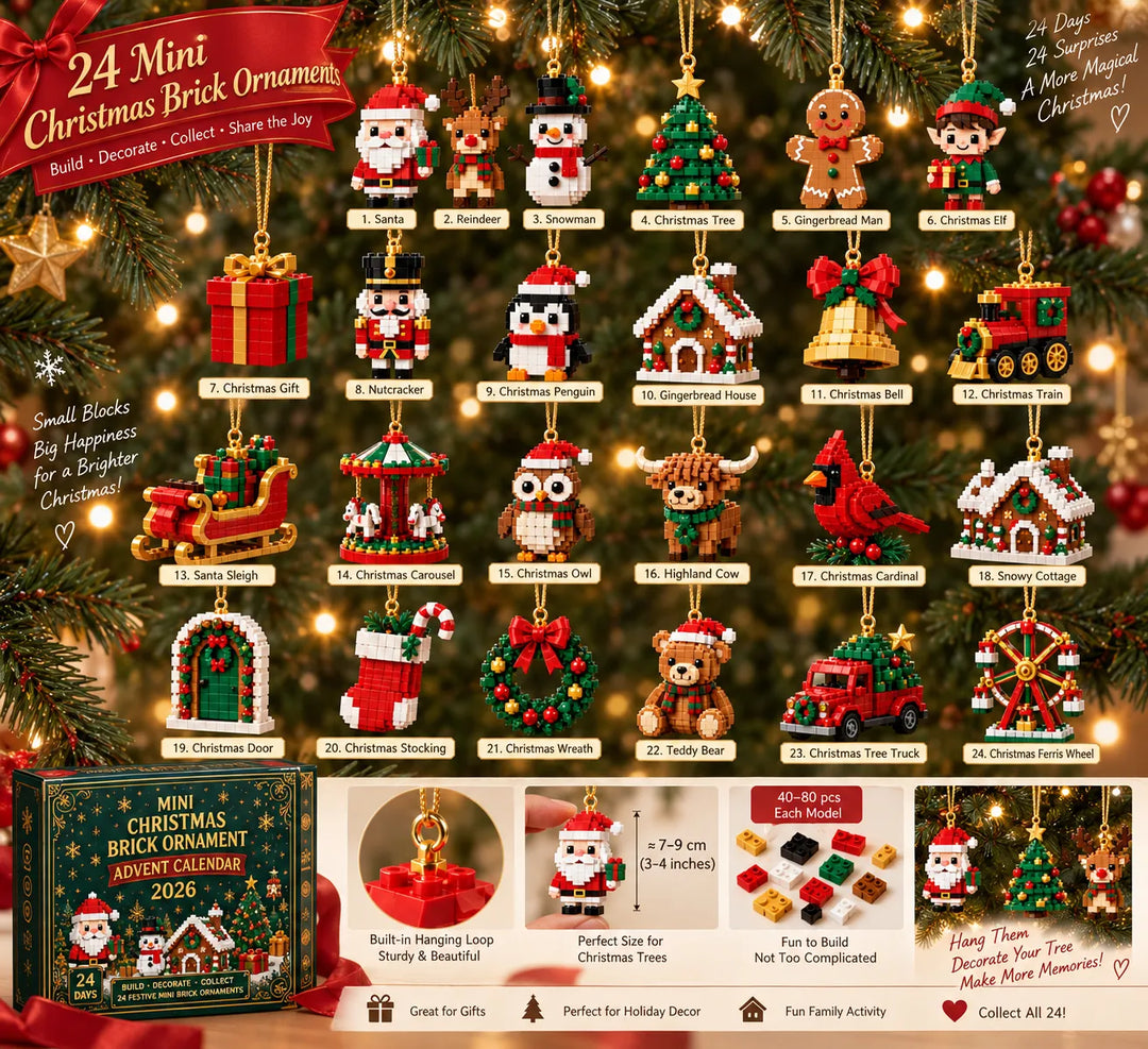 Übersichtsbild aller 24 nummerierten Figuren am Weihnachtsbaum, unten Hinweise zu Aufhängeöse, Größe und Teileanzahl pro Modell. 10