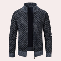 Dunkelblauer Strickjacke mit Reißverschluss, geometrisches Muster, Herrenmode, Winterkleidung.