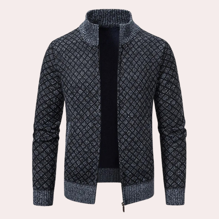 Dunkelblauer Strickjacke mit Reißverschluss, geometrisches Muster, Herrenmode, Winterkleidung.