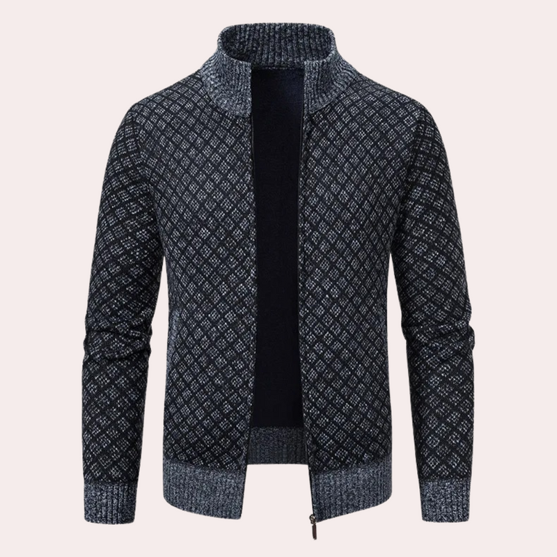 Dunkelblauer Strickjacke mit Reißverschluss, geometrisches Muster, Herrenmode, Winterkleidung.