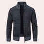 Dunkelblauer Strickjacke mit Reißverschluss, geometrisches Muster, Herrenmode, Winterkleidung.
