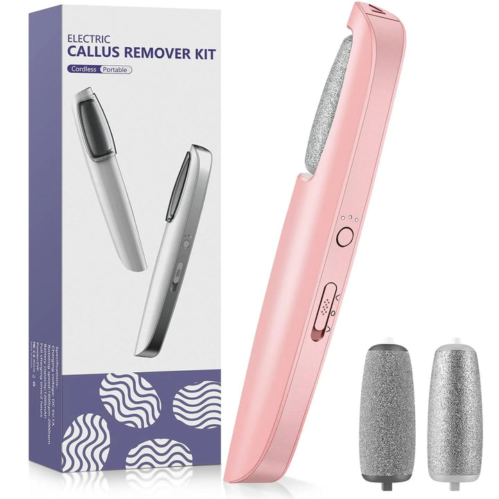Das Gerät in Rosa mit zwei Ersatzrollen, daneben die Verpackung. 8