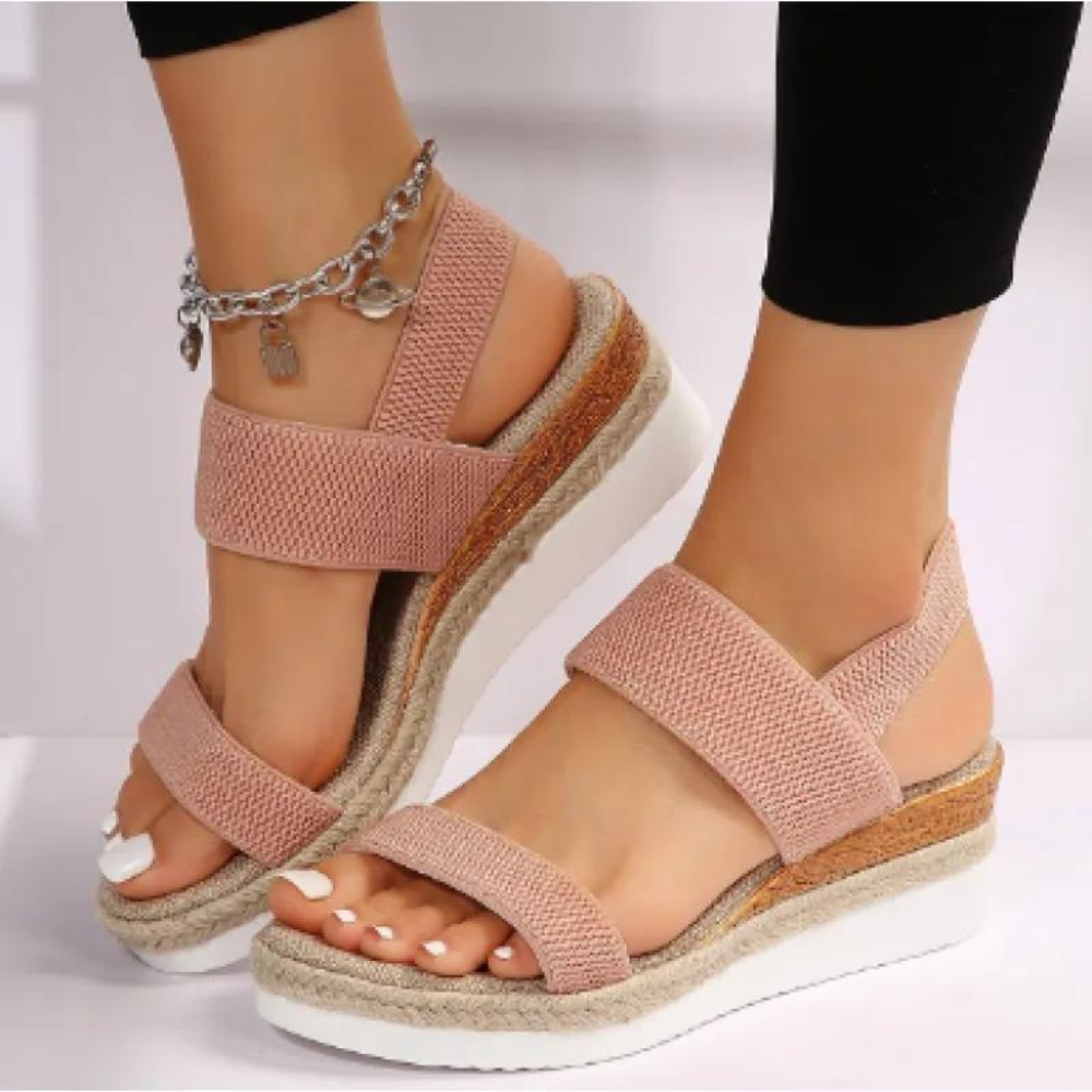 Damen Sandalen rosa, Keilabsatz, Textil, Sommermode, bequem, modisch, Fußkettchen Accessoire.