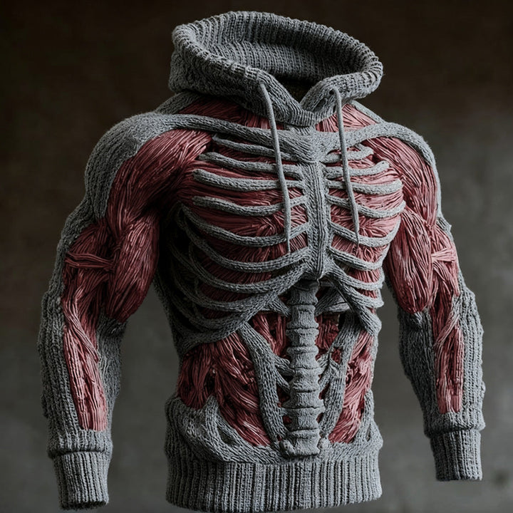 Strickhoodie in Grau mit plastischem Rippen- und Wirbelsäulenmuster und roten Muskelpartien an Armen und Rumpf, Frontansicht mit Kordeln. 1