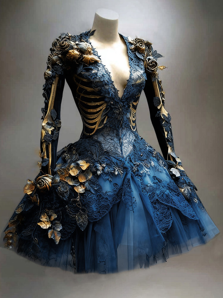 Dasselbe Kleid in Blau mit Spitzenoberteil, Tüllrock, goldenen Rippen auf dem Mieder und goldenen Rosen. 3