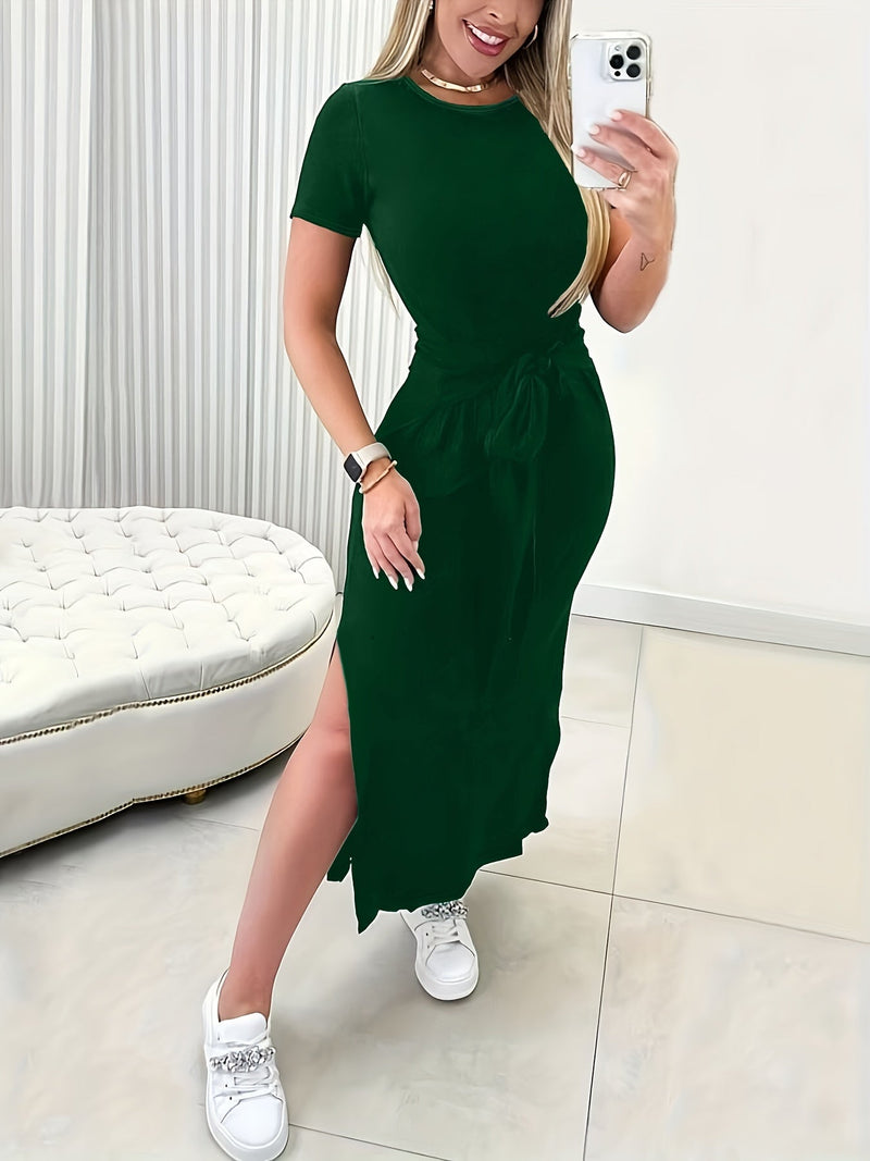 Trendy midi dress with waist belt for women - summer cut