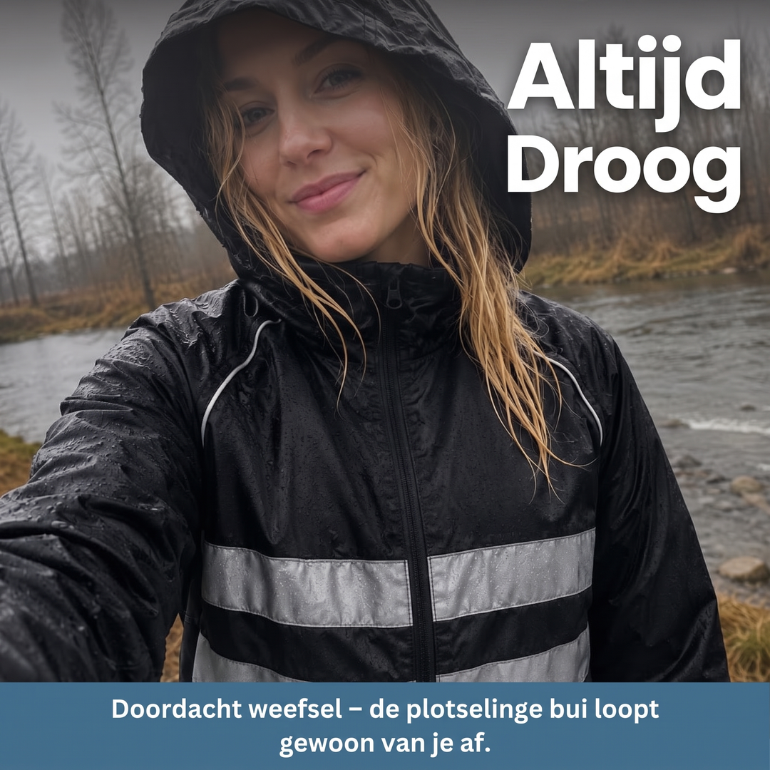 Frau mit Kapuze in schwarzer Jacke mit Reflexstreifen steht im Regen an einem Fluss, Wassertropfen liegen auf dem Stoff. 8