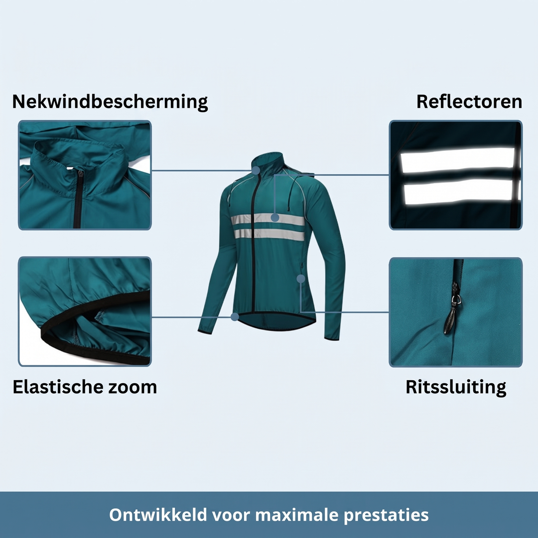 Petrolfarbene Jacke in der Mitte mit vier Detailausschnitten: Stehkragen als Nackenschutz, reflektierende Streifen, elastischer Saum und Reißverschluss. 11