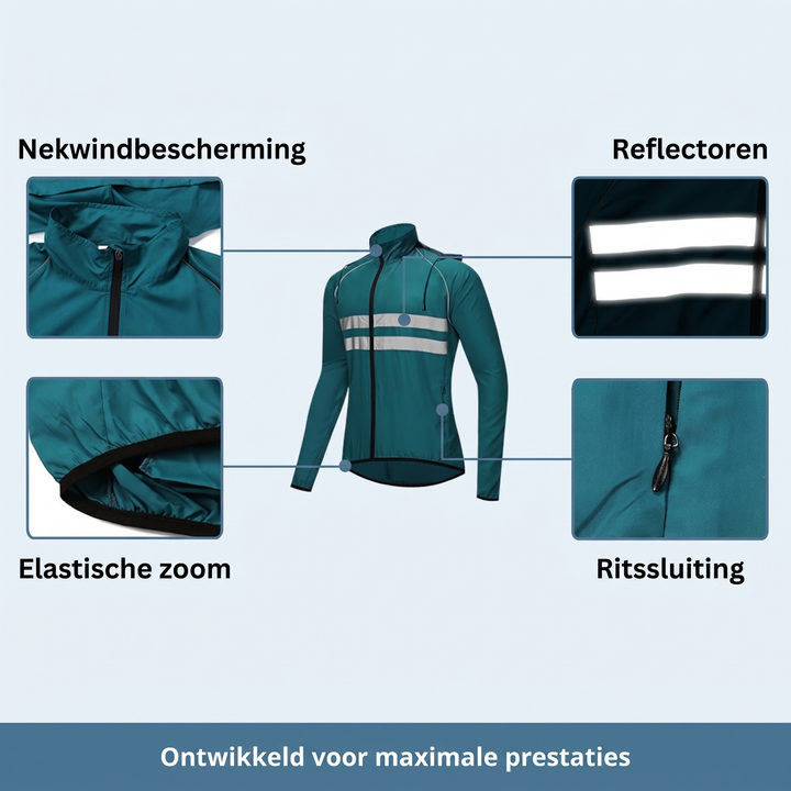 Petrolfarbene Jacke in der Mitte mit vier Detailausschnitten: Stehkragen als Nackenschutz, reflektierende Streifen, elastischer Saum und Reißverschluss. 11