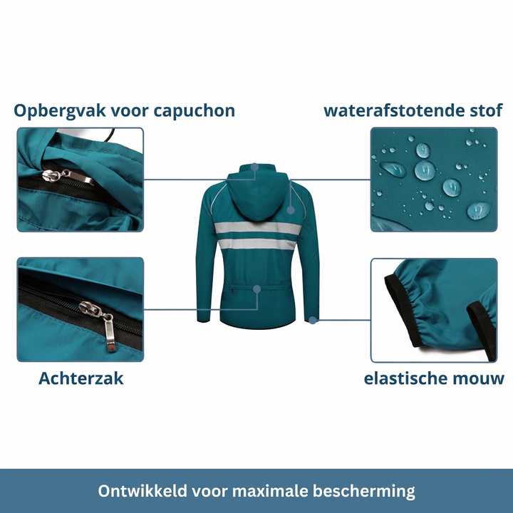 Rückansicht der petrolfarbenen Jacke mit Kapuze und Details: Fach für die Kapuze, Rückentasche, wasserabweisender Stoff mit Tropfen und elastischer Ärmelabschlu 12