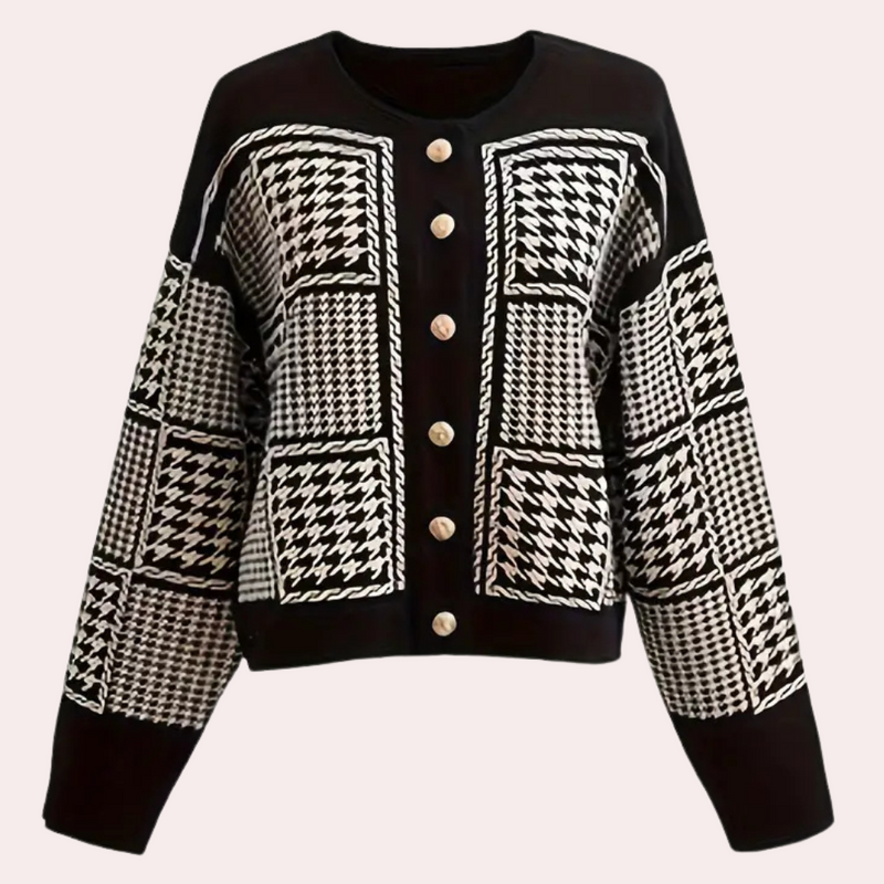 Schwarz-weiße Damen-Strickjacke mit Hahnentrittmuster und Knöpfen, modisch, elegant.