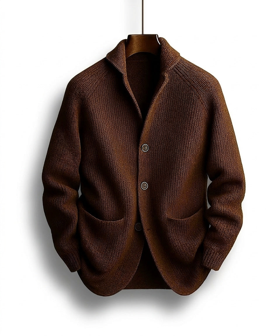 Braune gerippte Strickjacke mit Schalkragen, drei Knöpfen und aufgesetzten Taschen, auf einem Holzbügel hängend, Vorderansicht. 1