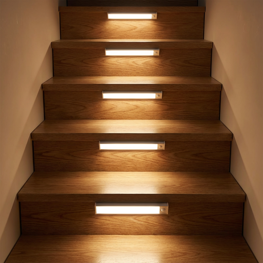 Mehrere Leuchten sitzen mittig an den Stufen einer Holztreppe und beleuchten die Trittflächen in warmem Licht. 2