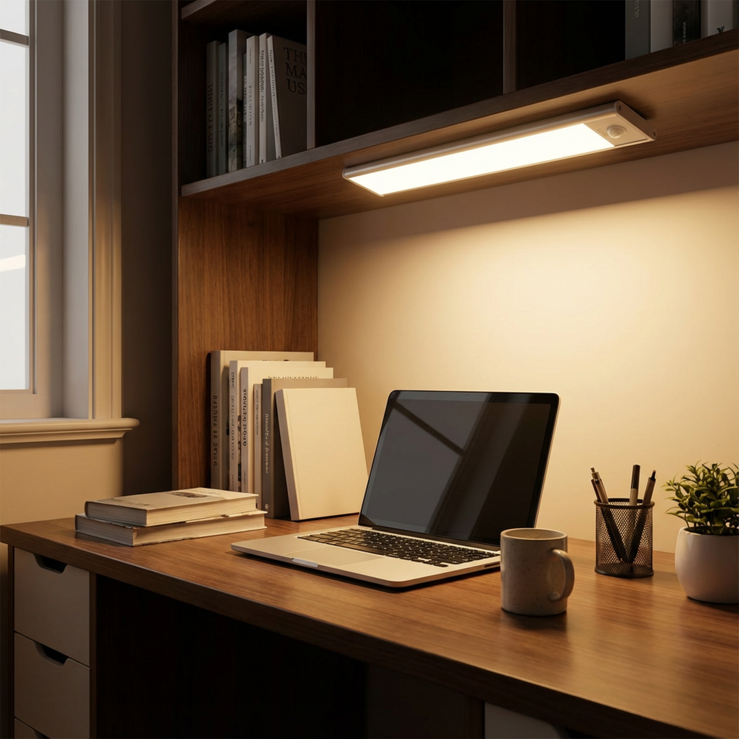 Die Leuchte hängt unter einem Regalbrett über einem Holzschreibtisch mit Laptop, Büchern, Tasse und Stiftebecher. 4