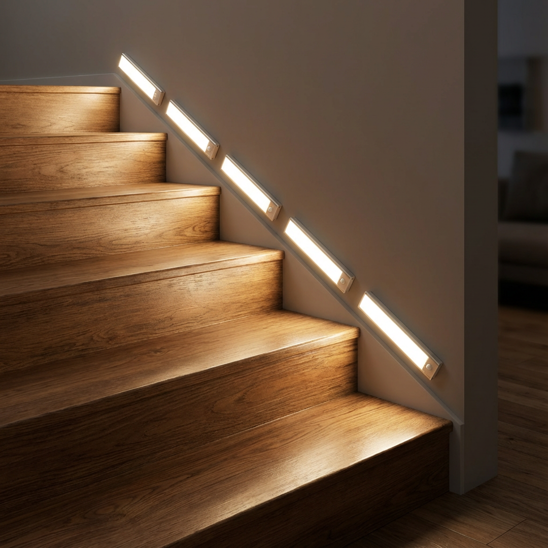 Fünf Leuchten sind schräg entlang der Wand neben einer Holztreppe montiert und erhellen die Stufen in der Dämmerung. 3