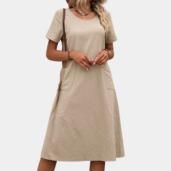 Damenkleid Apricot, kurzärmelig, knielang, lässig, Baumwolle, Sommermode, elegant.
