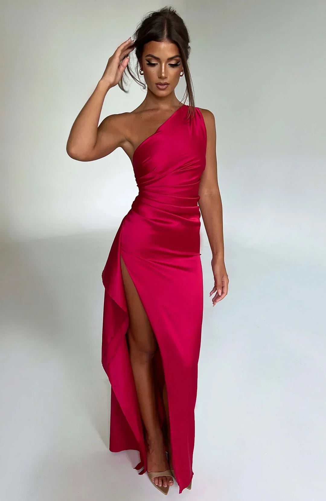 Satin stripe evening dress with one shoulder strap - Vivienne
