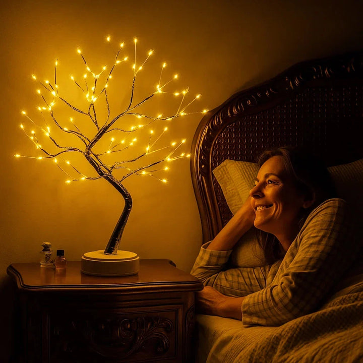 Leuchtender Lichterbaum auf einem Nachttisch neben einem Bett, daneben lächelt eine liegende Frau 1