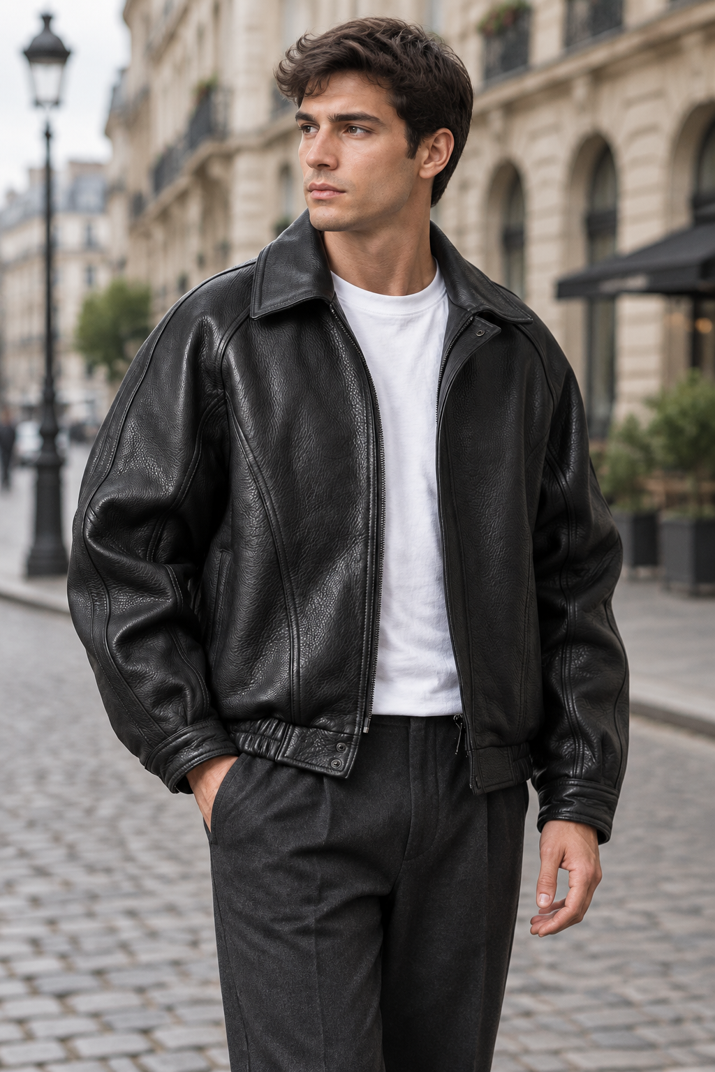 Men's leather jacket with zipper and collar
