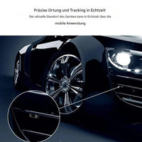 Schwarzes Auto mit glänzenden Felgen, Nahaufnahme, präzise Ortung und Tracking in Echtzeit.